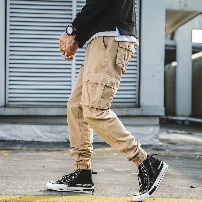Men's black retro cotton loose cropped overalls with multi-pockets and ankle banded cuffs