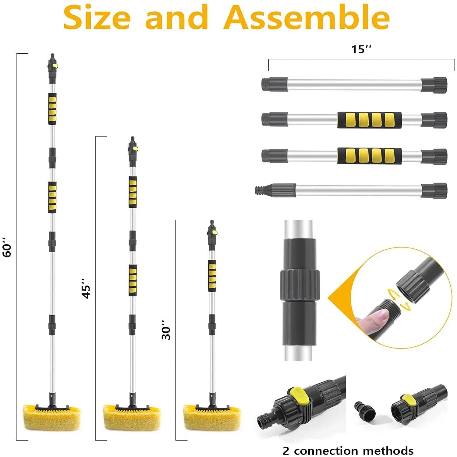 Yellow portable car wash brush with removable flow-through head and four-section adjustable rod
