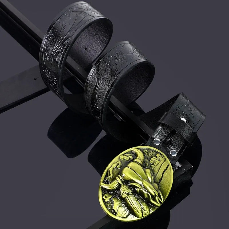 Men's brown imitation leather belt with decorative alloy cow head buckle and pin buckle fastening