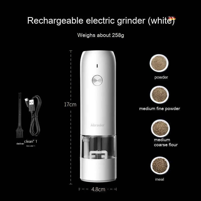 Clear acrylic electric pepper and salt grinder set with USB cable, shown with ceramic grinding core.