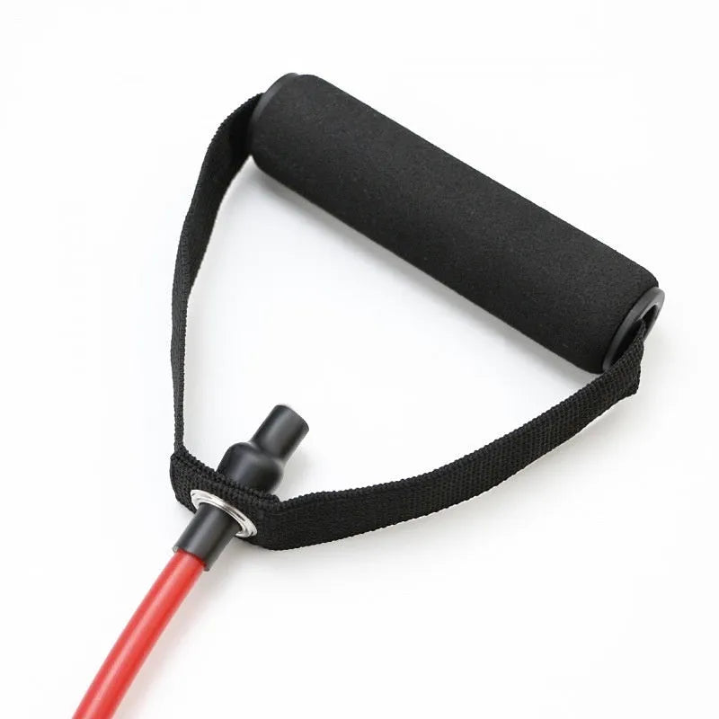 Colour-coded TPE chest expander resistance bands in yellow, green, red, blue, and black.