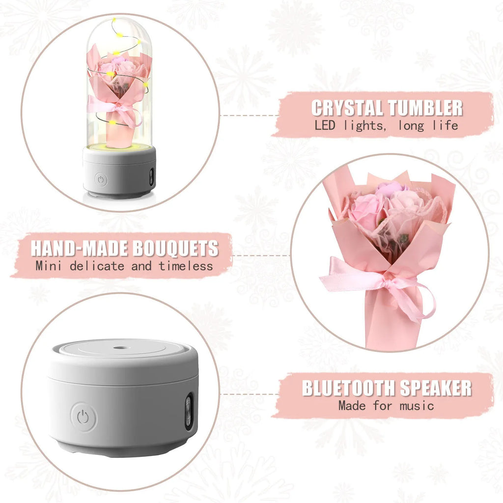 LED bouquet night light with Bluetooth speaker inside a glass cover on a black base.