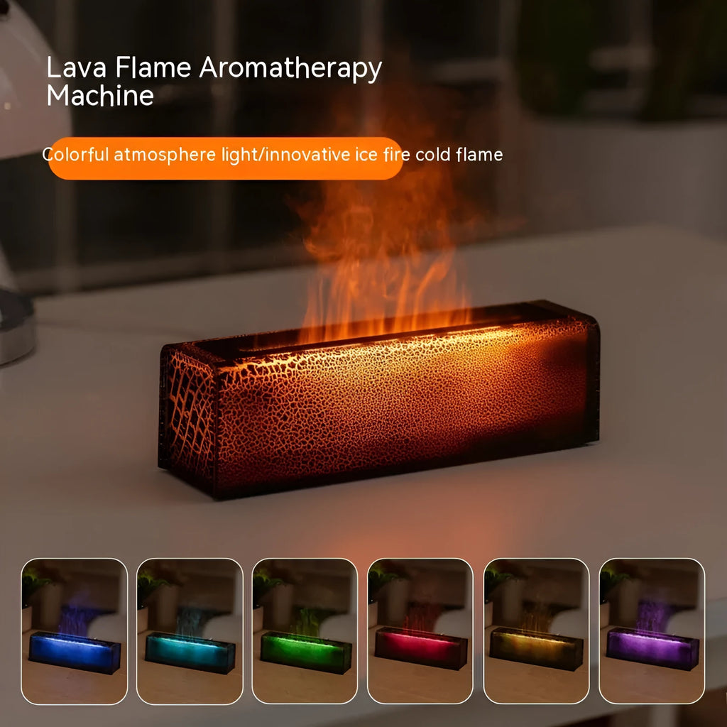 Square creative lava flame aroma diffuser and humidifier with colourful lighting on desktop