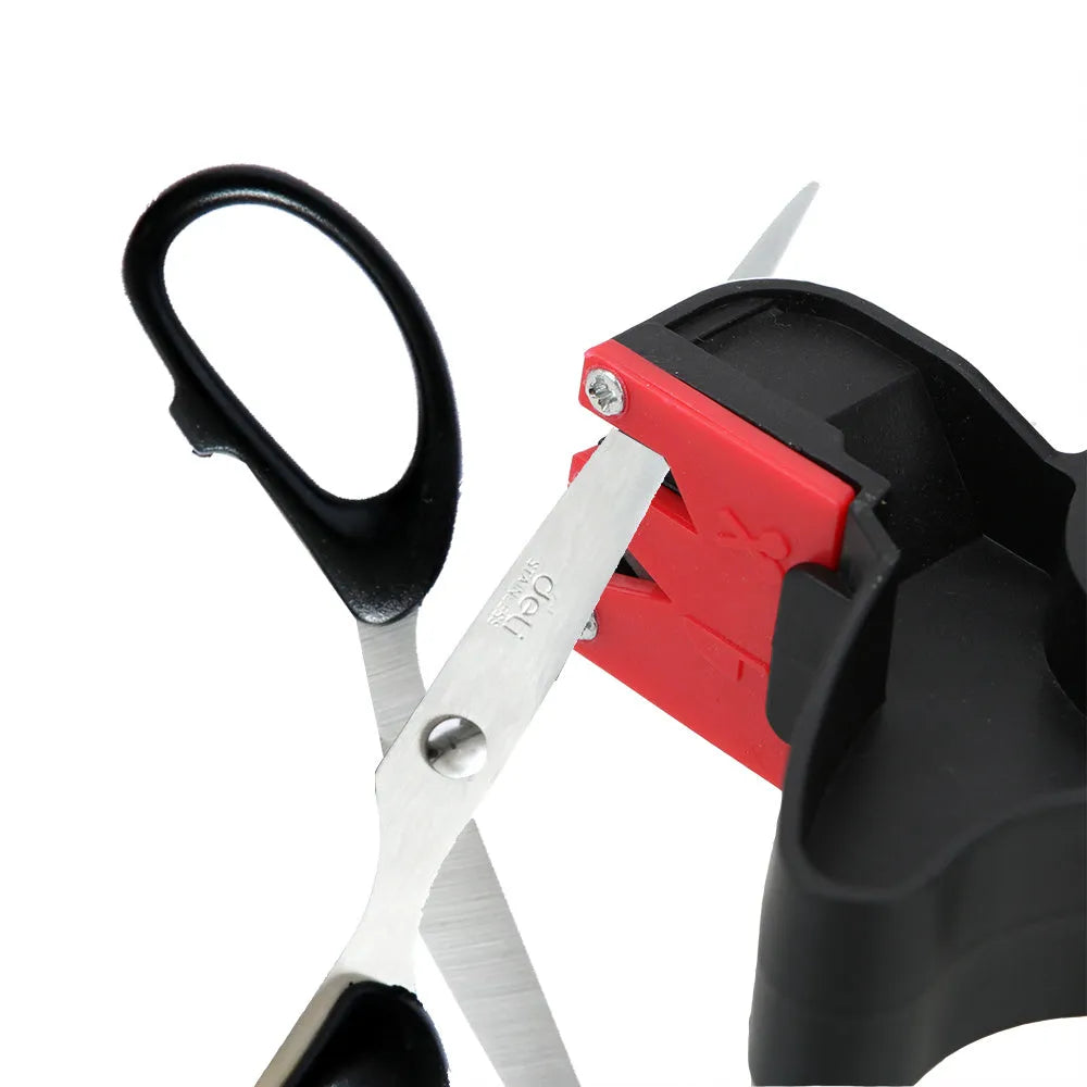 Black handheld knife and scissor sharpener showing ergonomic handle and sharpening slots on a white background.