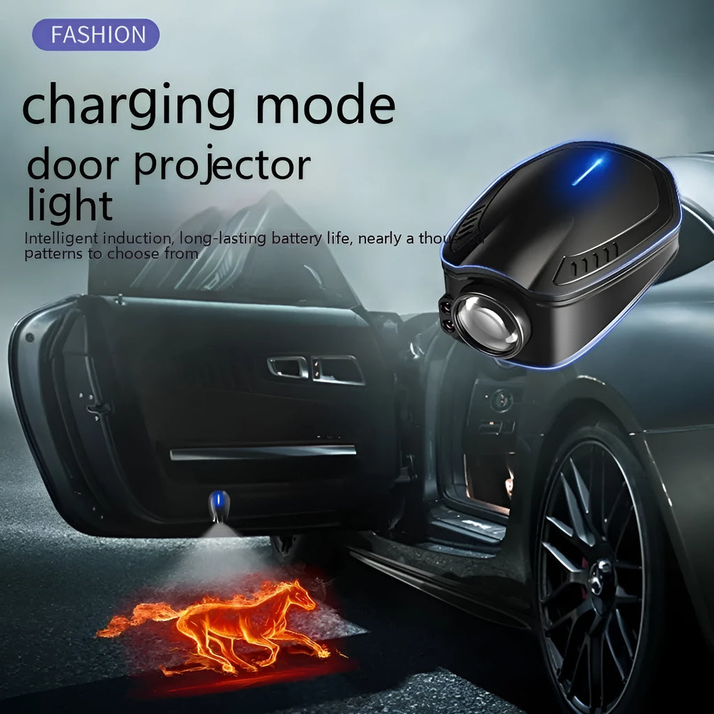 Black F2 rechargeable wireless car welcome light with LED projector for door illumination.