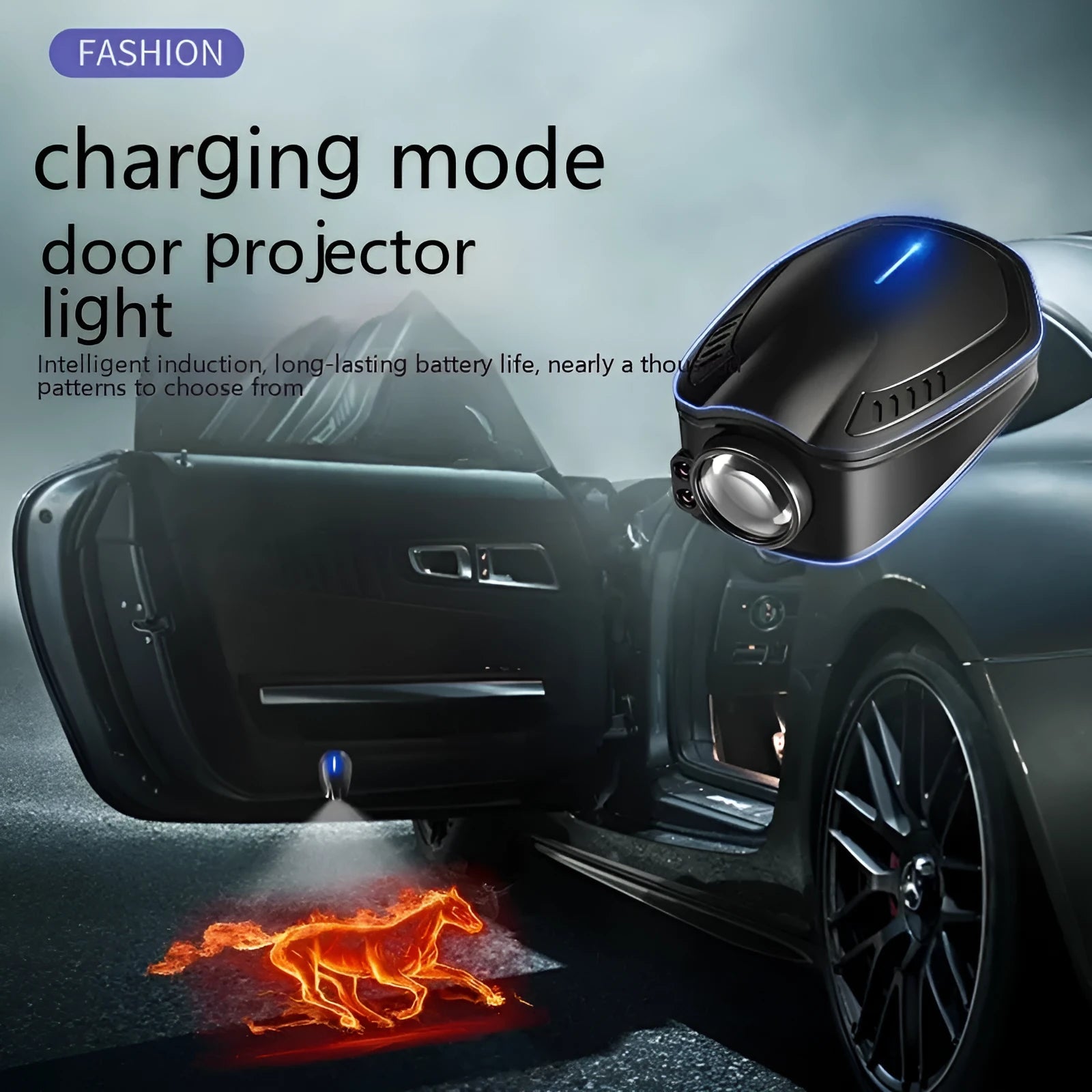 Black F2 rechargeable wireless car welcome light with LED projector for door illumination.