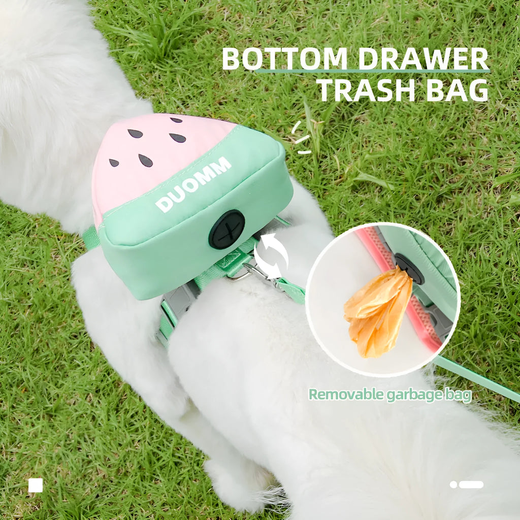 Green pet backpack and chest strap set with anti-slip padding and traction rope for dogs or cats
