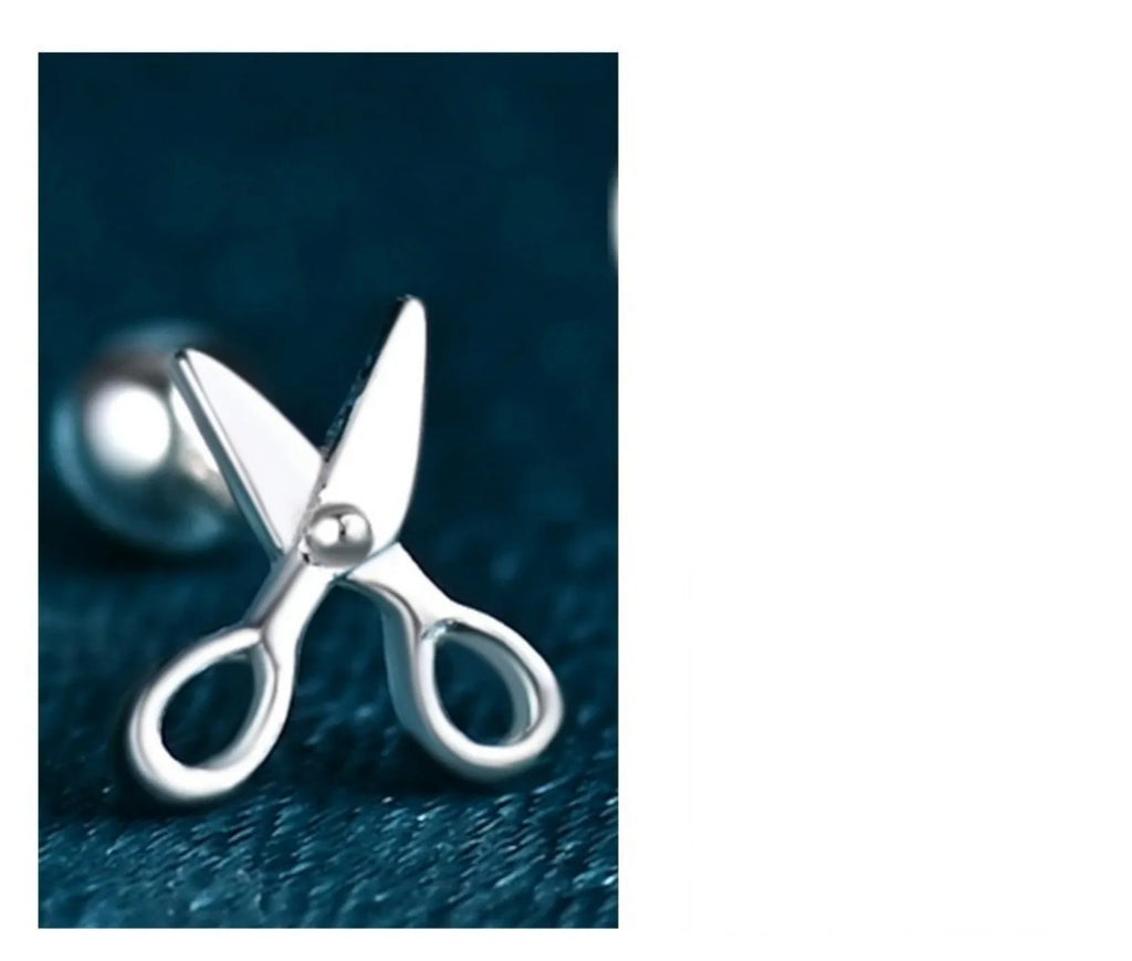Silver screw-style ear nail jewellery with miniature scissors decoration for women's cartilage piercing