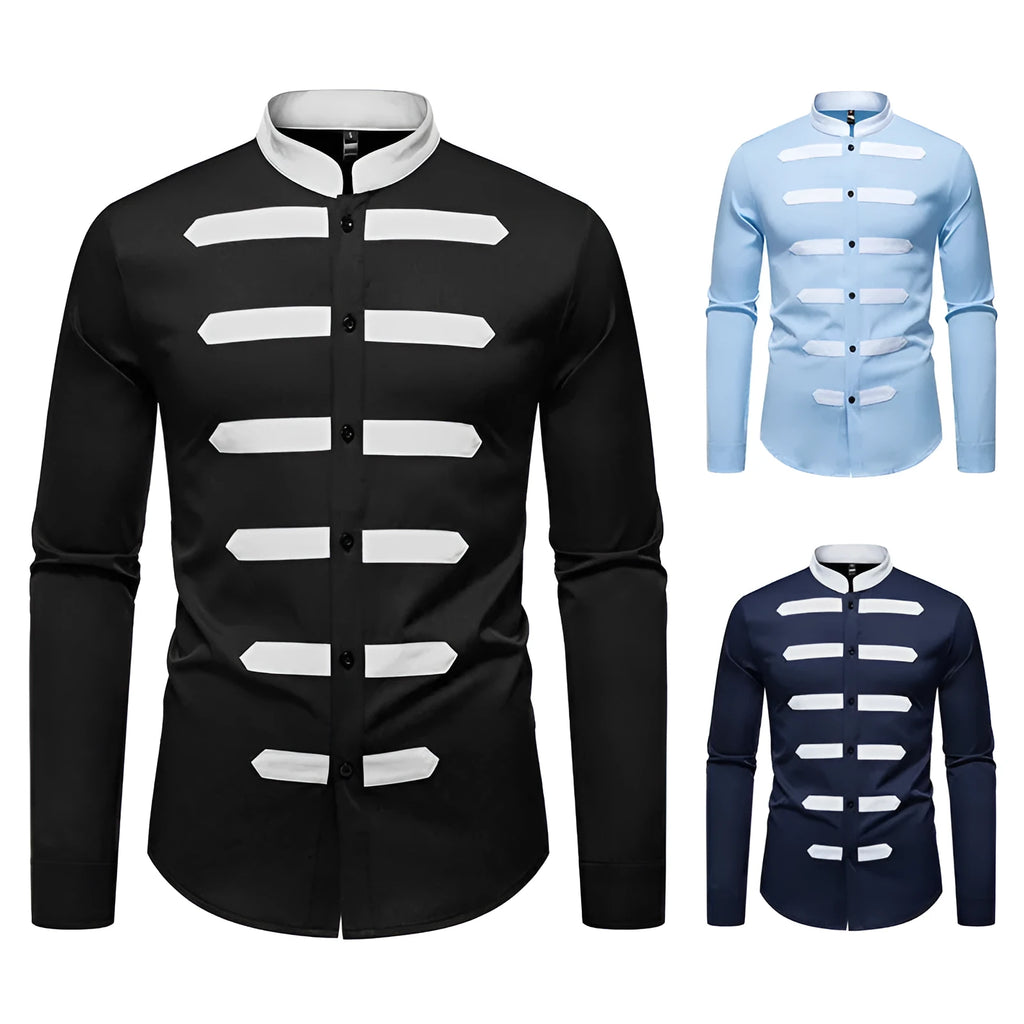 Men's black casual long sleeve shirt with black and white stitching on a slim-fit polyester cardigan