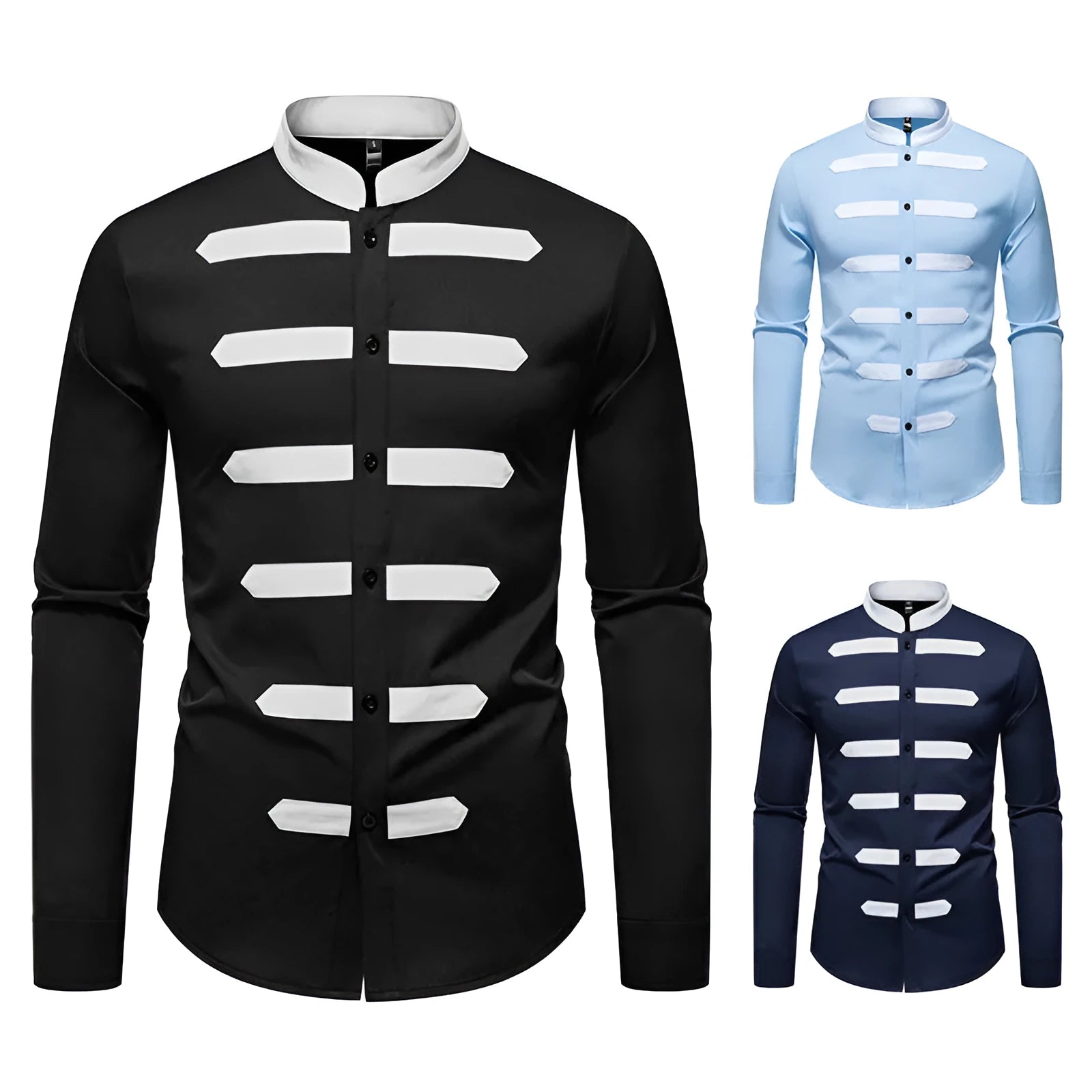 Men's black casual long sleeve shirt with black and white stitching on a slim-fit polyester cardigan