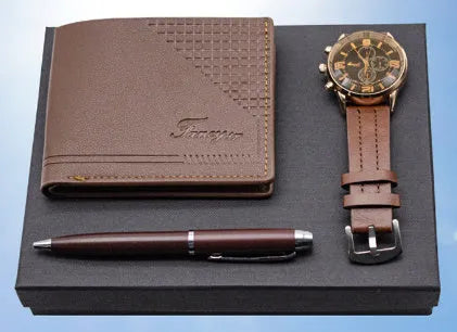 Modern business gift set containing a brown wallet, pen, and watch inside an elegant presentation box.