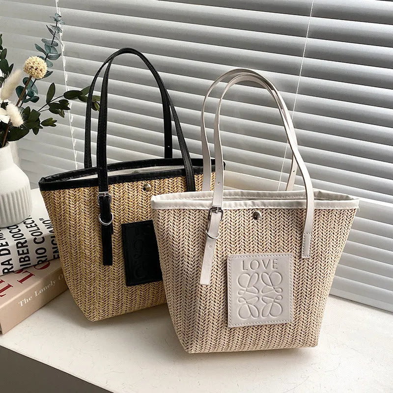 White straw woven women's shoulder bag with three-dimensional pockets showing European retro styling details