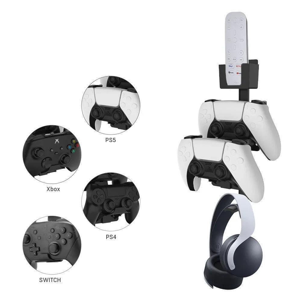 White and black wall-mounted hooks for storing gaming remote controls and controllers