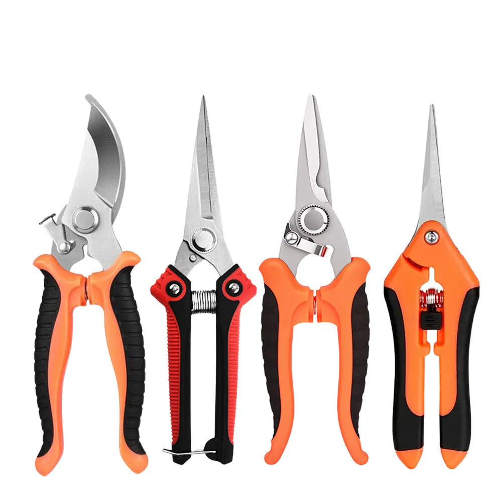 Set of three stainless steel pruning shears in yellow and orange with straight heads on white background