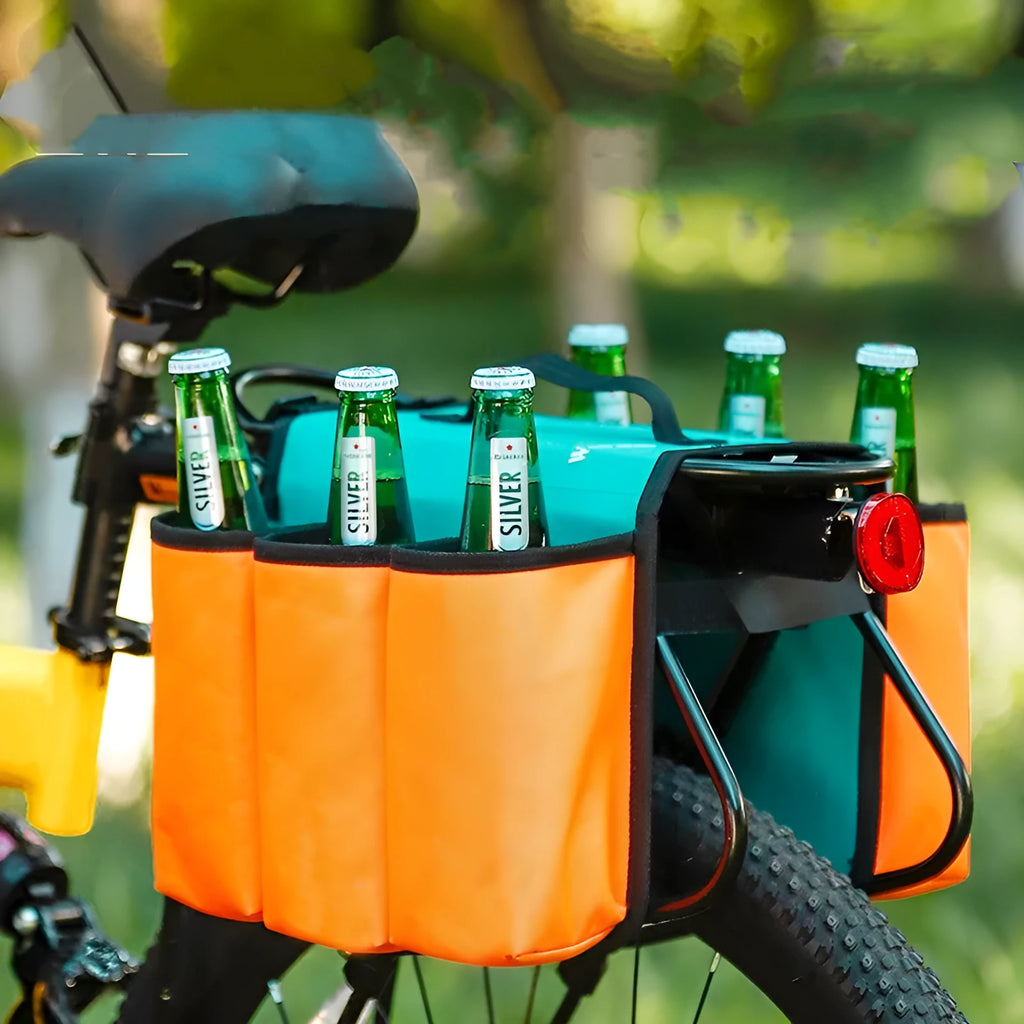 Black and blue orange double-sided bicycle drink holder bag with 2-litre capacity.