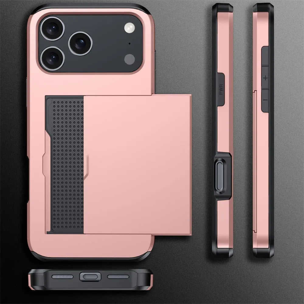 Army Green iPhone case with a built-in sliding card slot, showing front and back views.