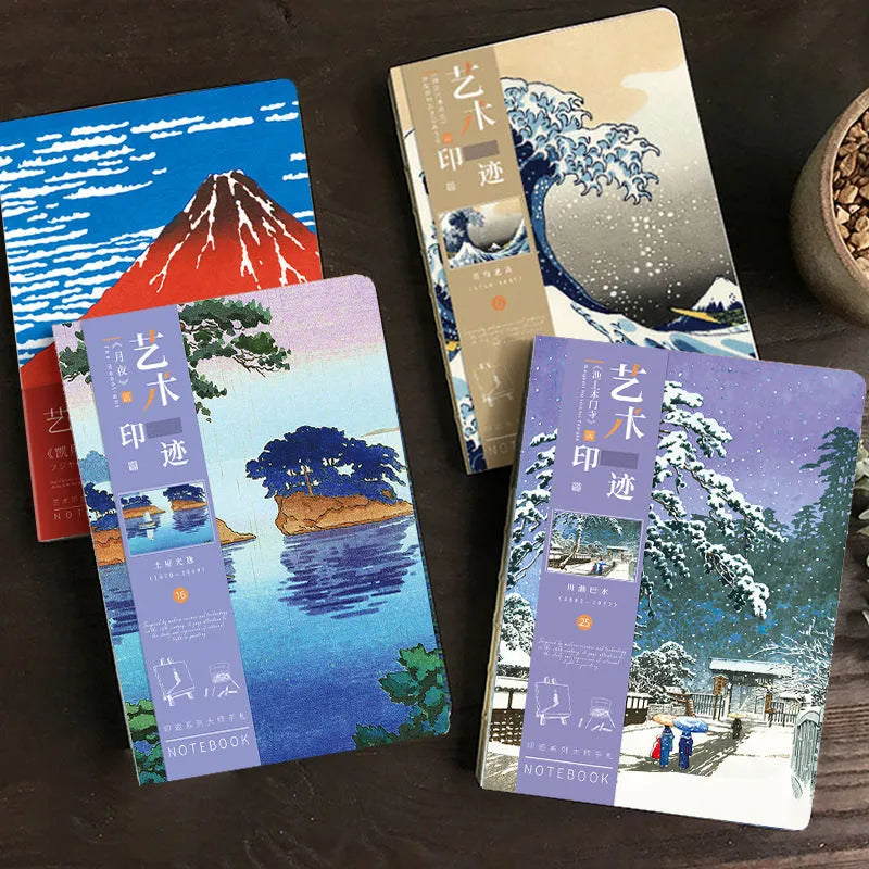 Ukiyo-e series hand ledger notebook with Kanagawa wave cover, showing dimensions and open page.