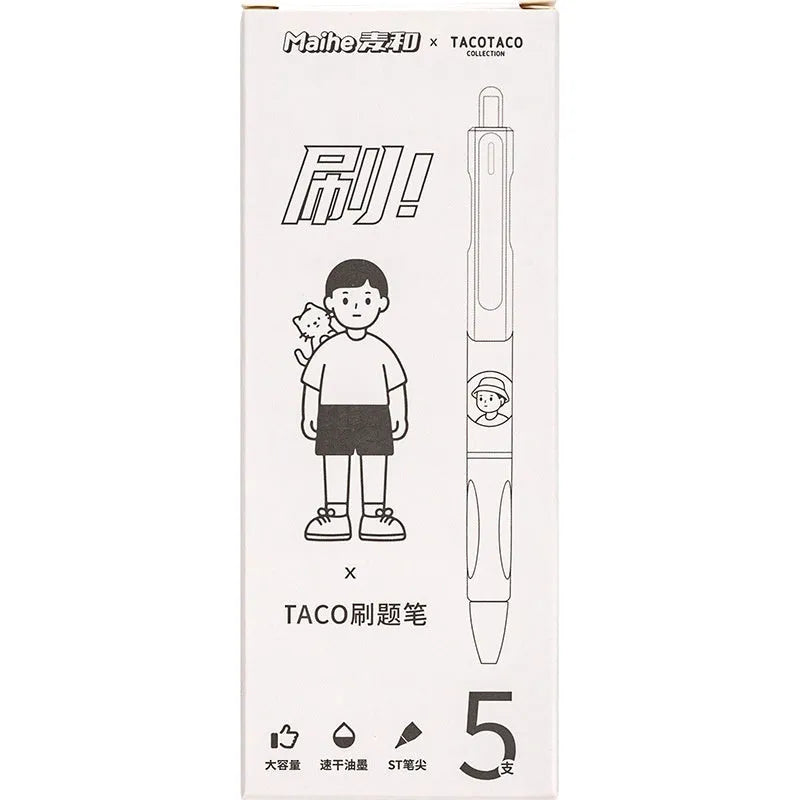 Five white plastic ballpoint pens with 0.5mm black gel ink tips from the Taco series.