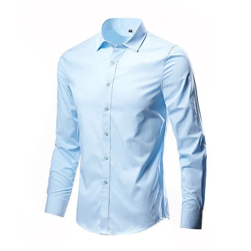 Men's loose fit long-sleeve linen shirt on a hanger, shown in a light colour.