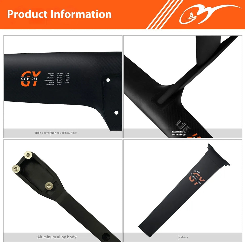 Black carbon fibre racing hydrofoil with aluminium components and 1051mm front wing