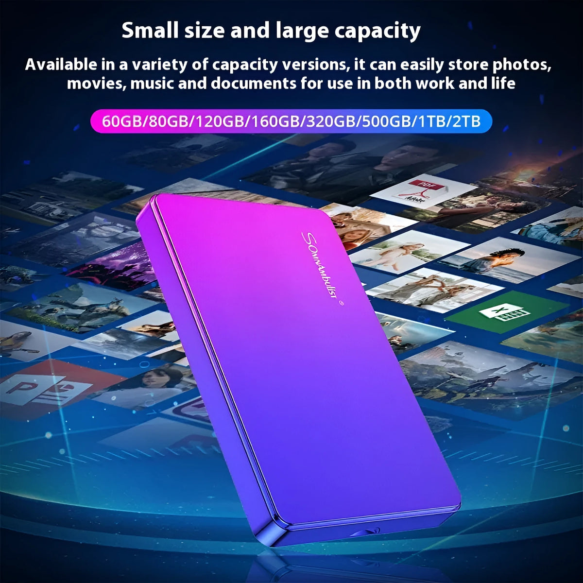 Purple external mobile hard disk with plastic shell and leather bag packaging