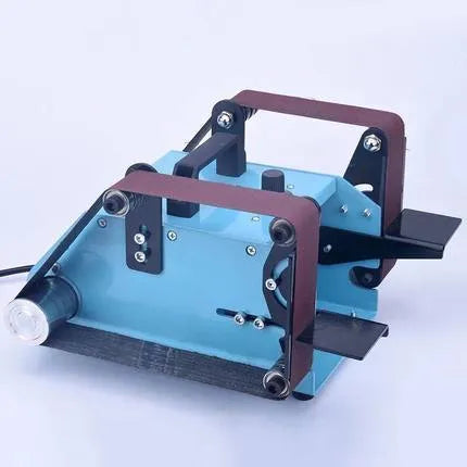 Blue desktop dual-axis belt sander and polisher tool with variable speed control for workshop use.