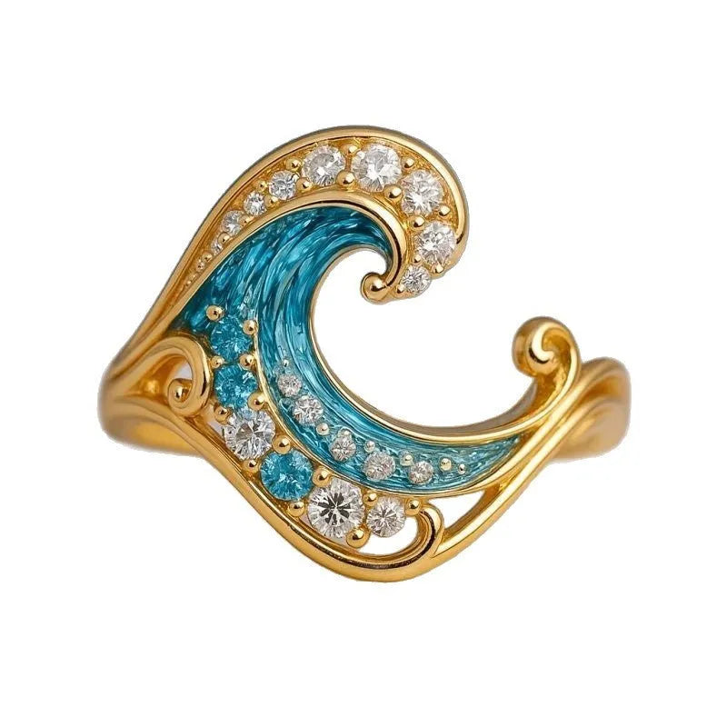Gold zinc alloy fashion ring with spray hailang micro inlay design on a hand.