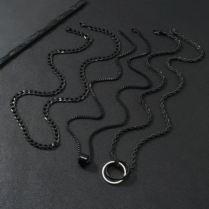 Men's black titanium steel necklace set with geometric cylindrical ring buckle pendant