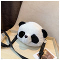 Soft plush panda head cylindrical crossbody bag with an outer sandwich pocket.