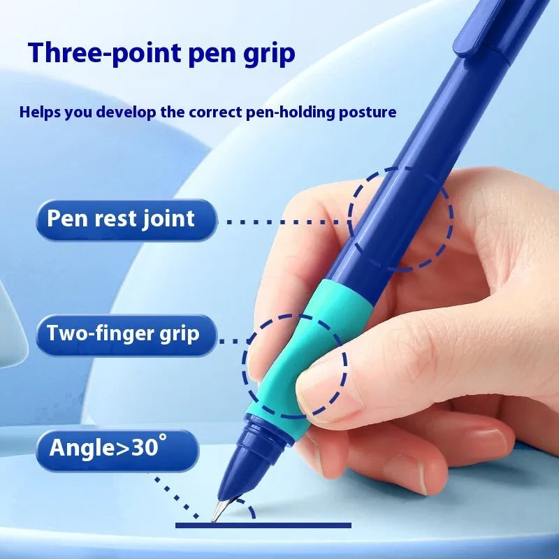 Student posture correction pen in plastic case showing blue, green, purple and orange colour options