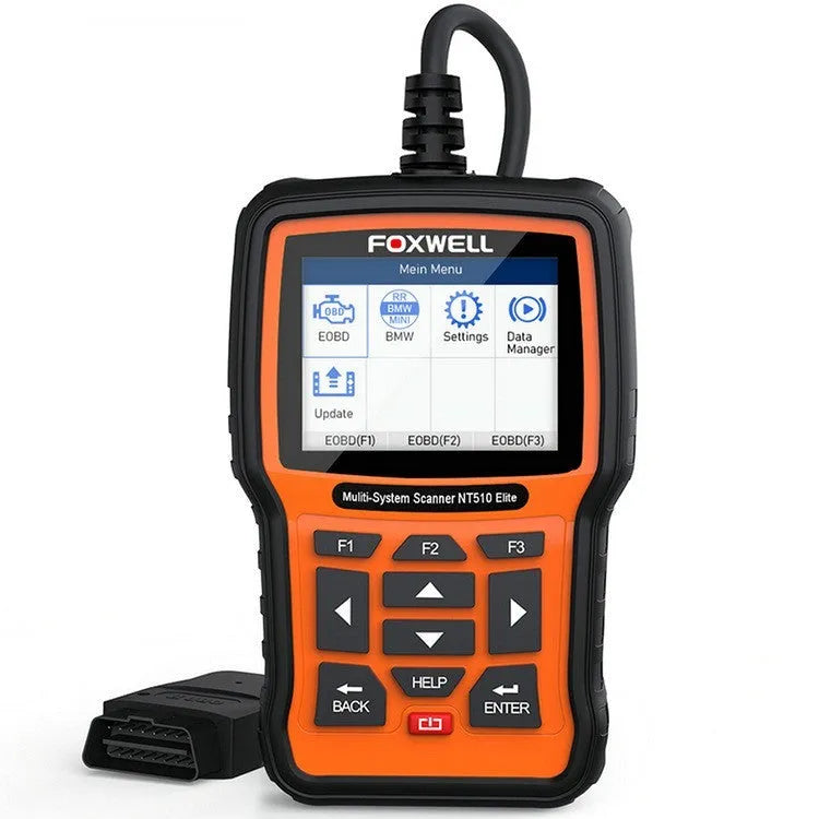Foxwell NT510 orange and black automotive OBD2 diagnostic scanner with screen and cable.