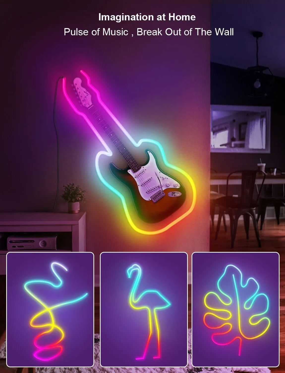 3 metre long flexible RGB LED neon light strip with remote control on a white background.