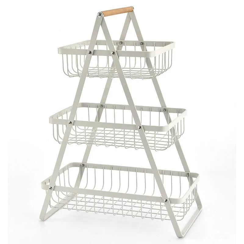 Black iron double-layer fruit basket with wooden handle, detachable storage rack for kitchen countertop