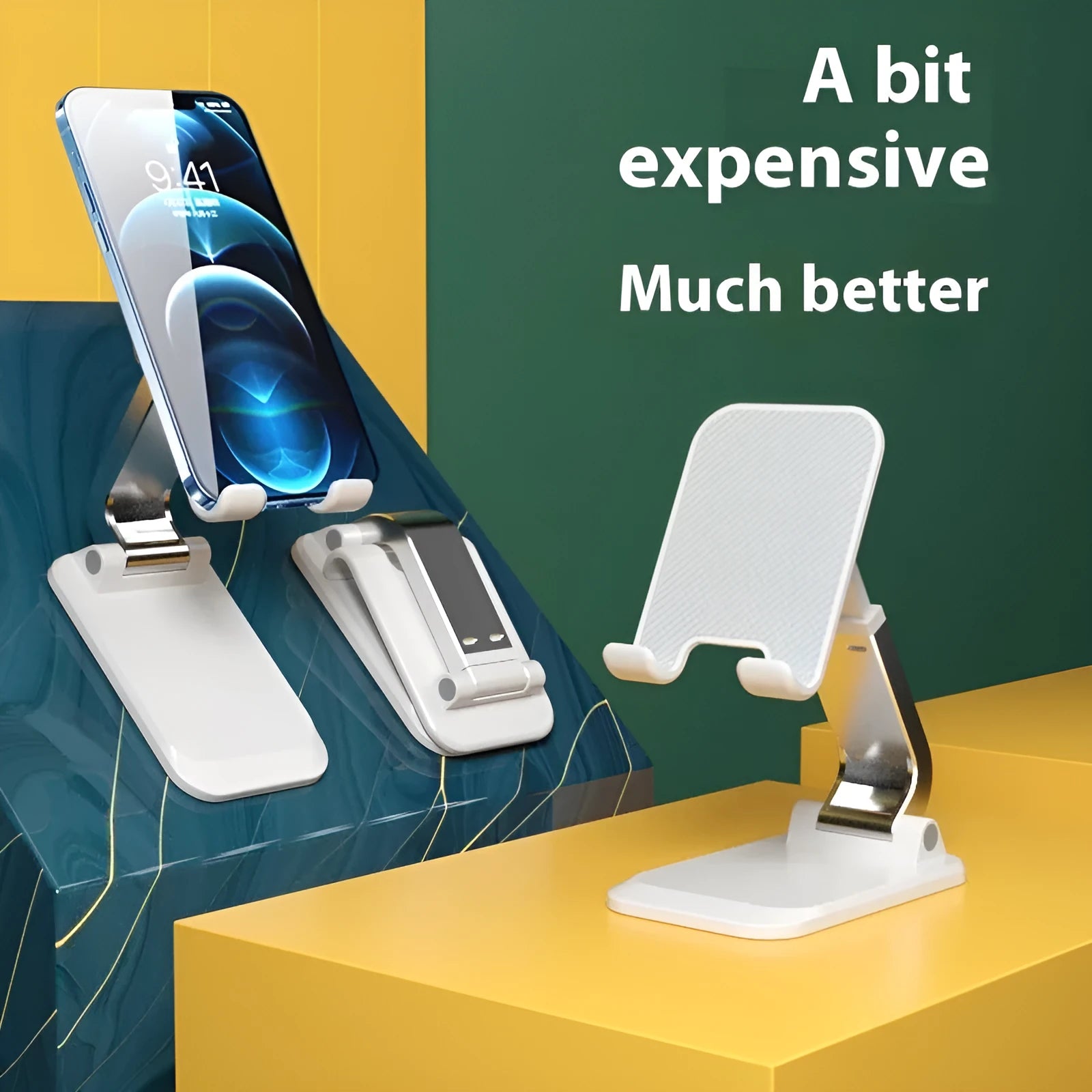 Folding portable desktop stand for mobile phones and tablets with weighted aluminium alloy base