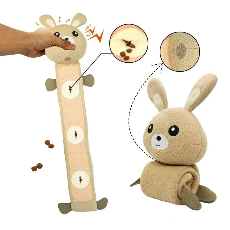Fleece rabbit plush dog toy with food compartments and sound-making function