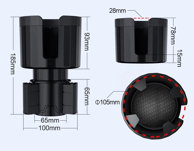 Matte black adjustable car cup holder expander for large bottles and thermoses.