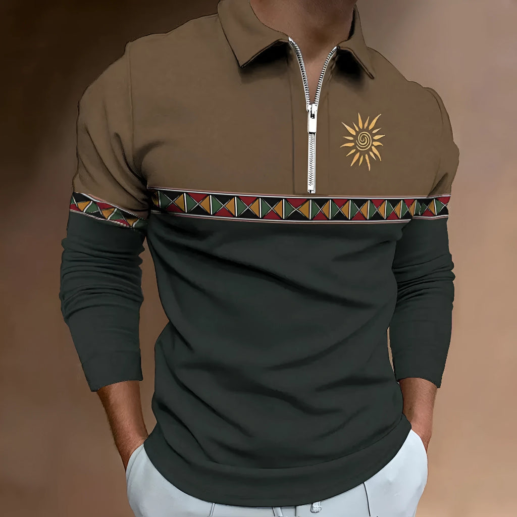 Men's retro striped polo shirt with zip decoration in loose fit for golf