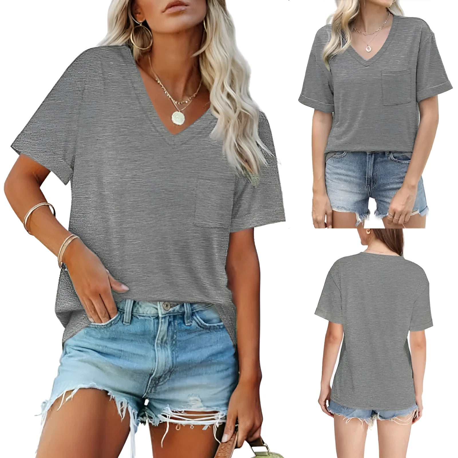 Grey loose fit V-neck short sleeve T-shirt with a front chest pocket.