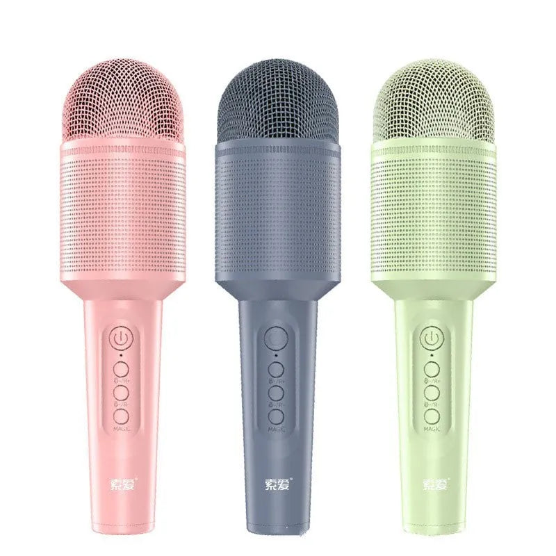 Wireless Bluetooth karaoke microphone in pink, blue, or green colours with USB charging port