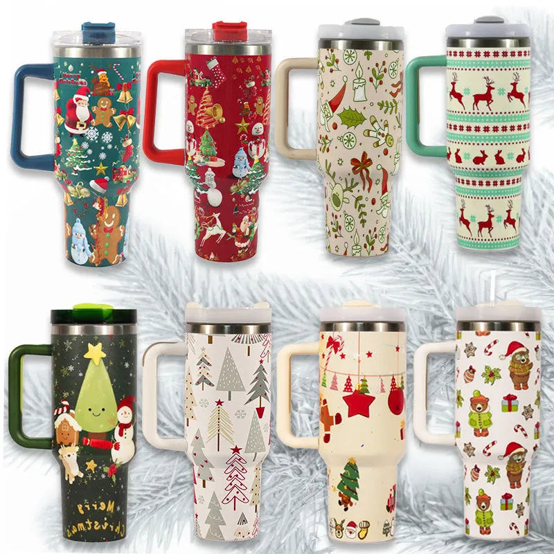 Christmas pattern stainless steel travel tumbler with handle and straw, 1200ml capacity