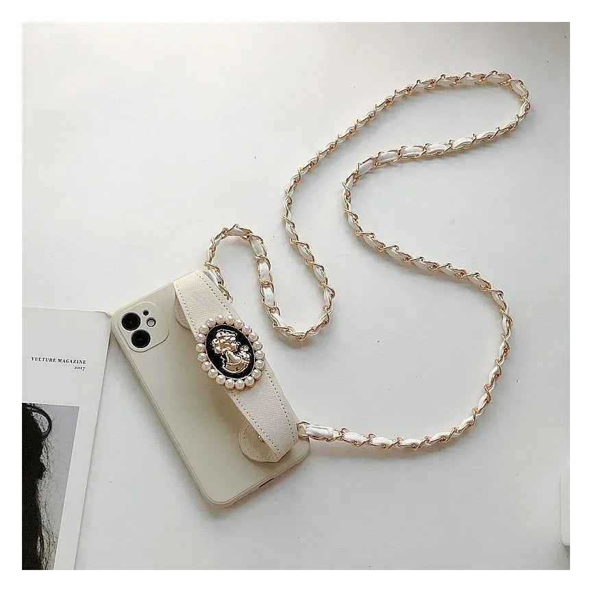 White TPU wrist strap crossbody chain protective case for iPhone with lanyard