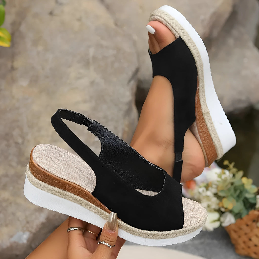 Women's plus size hemp rope cross wedge sandals with suede upper in black, sizes 36-43