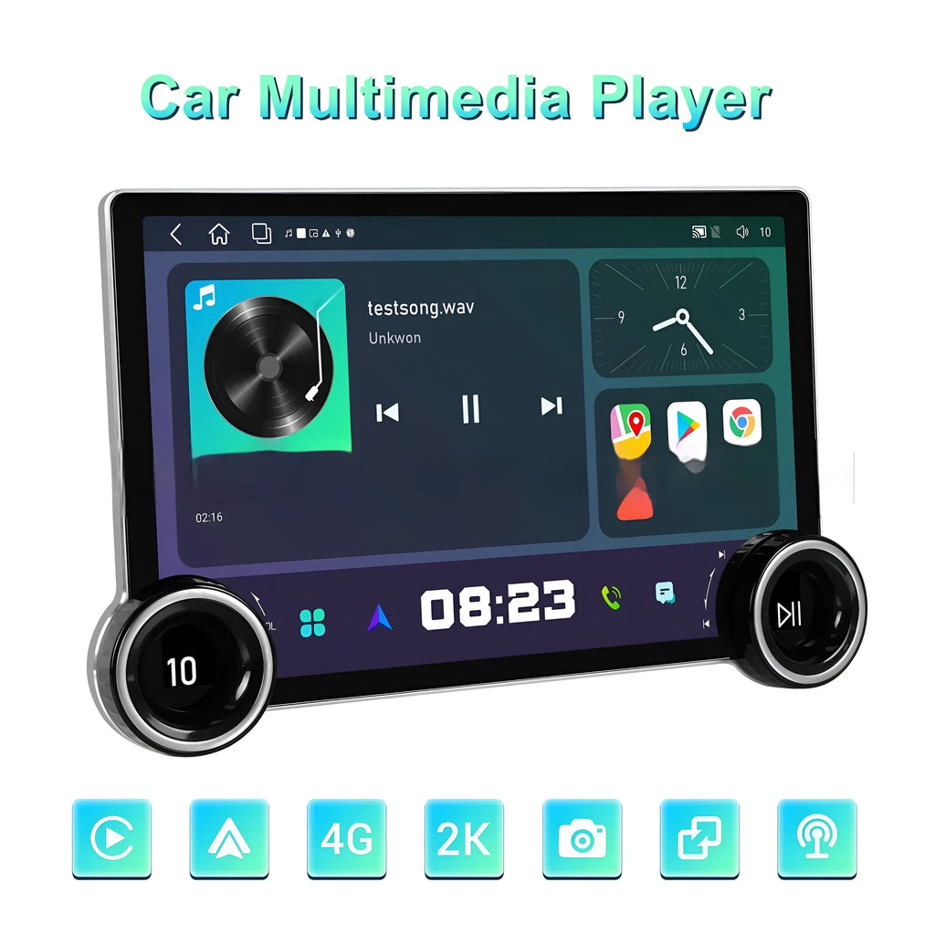 11.8-inch Android car stereo with dual knobs and QLED screen on a dashboard