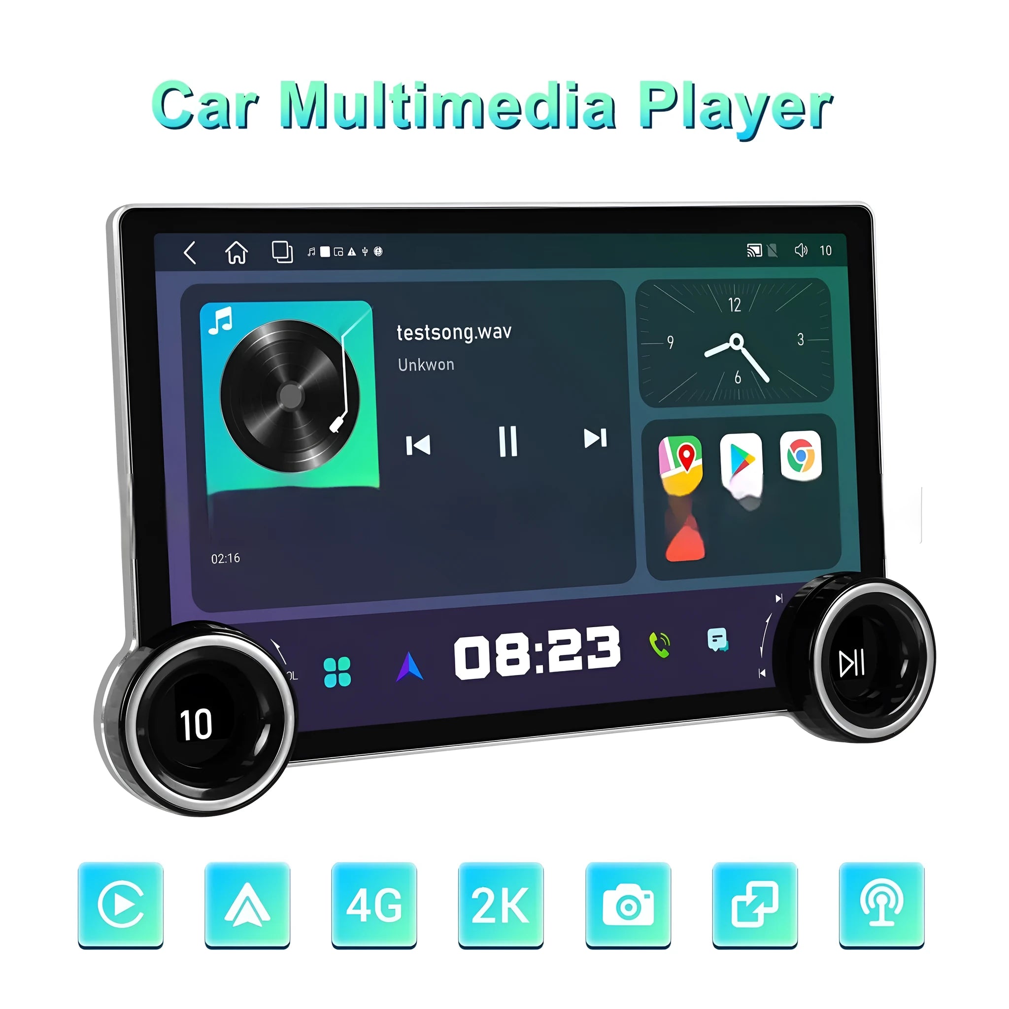 11.8-inch Android car stereo with dual knobs and QLED screen on a dashboard