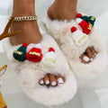 Women's Christmas hat slippers in faux plush, shown in black, khaki, and white colour options.