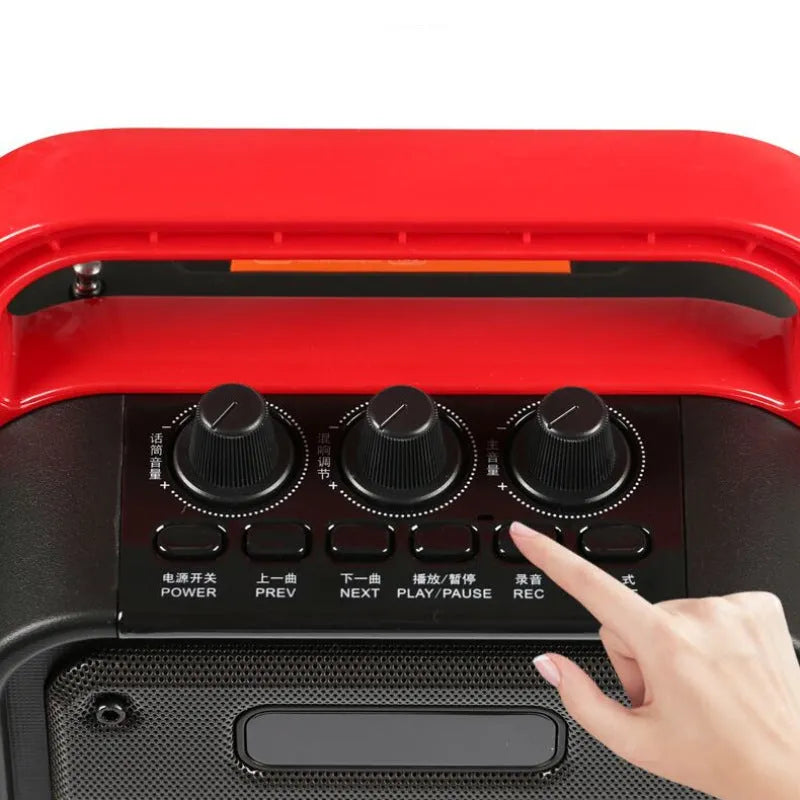 MS62AI portable Bluetooth speaker with wireless microphone on a table