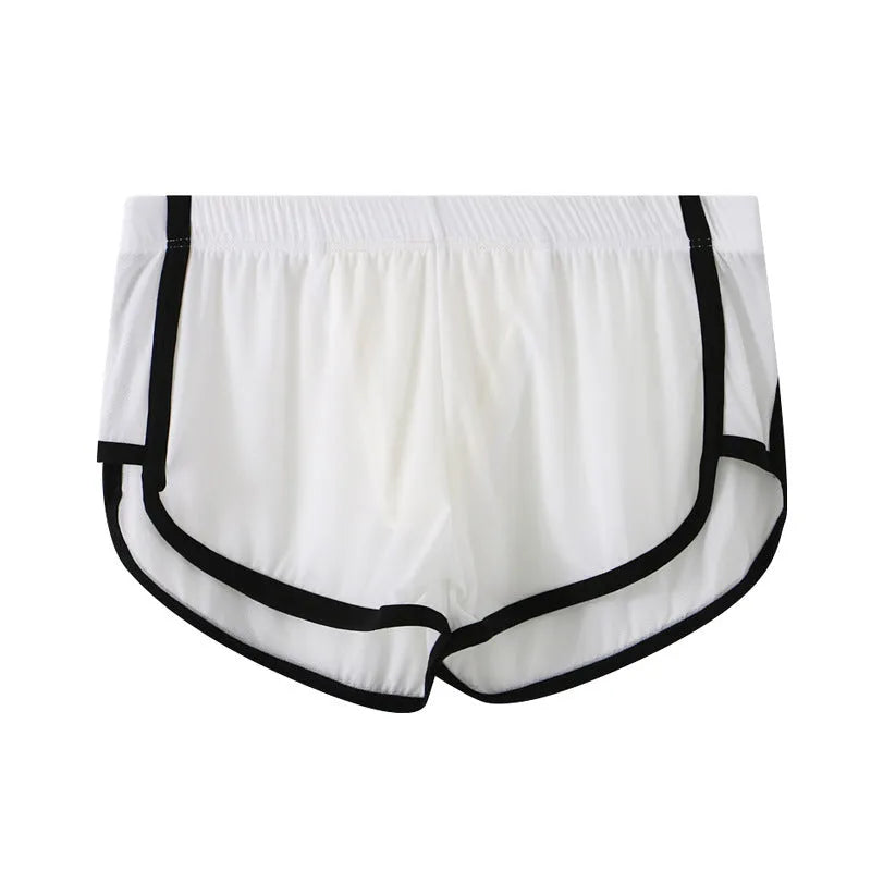 Men's ice silk nylon mesh boxer shorts in low-waist sports design, shown in multiple colours.