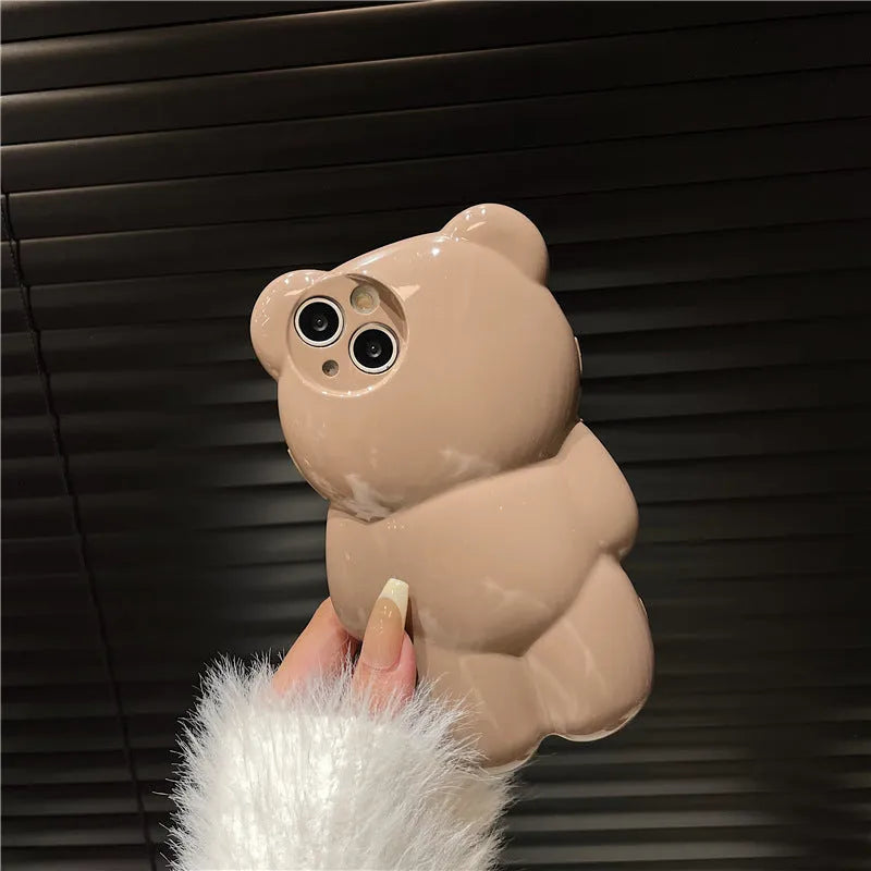 Solid colour three-dimensional bear cute anti-fall silicone phone case for iPhone 11 12 13 14 series, khaki option