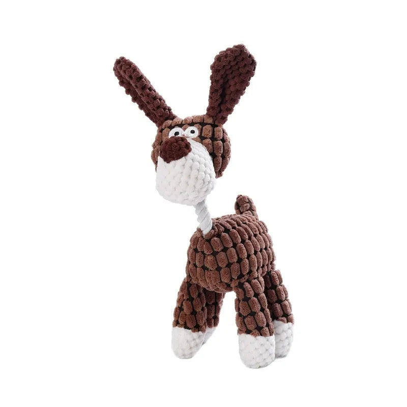 Soft plush dog toy shown as a pink grey donkey and a yellow rechargeable duck, for puppy teething and play.