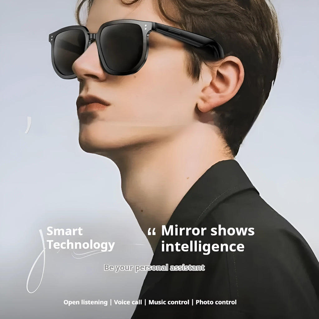 Black PC frame Bluetooth smart sunglasses with touch controls for audio and calls.